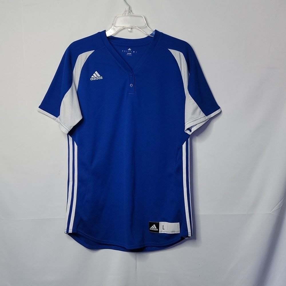 Women's Adidas baseball climalite 2 button short sleeve blue white jersey top Lg